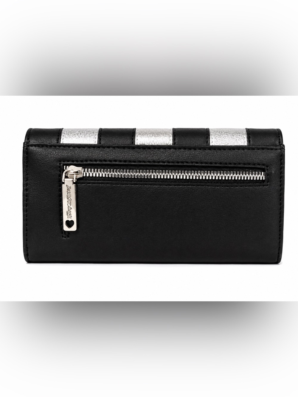 Betsey Johnson Black Silver Striped Bow Wallet Clutch Heart Logo NWT - Picture 3 of 4